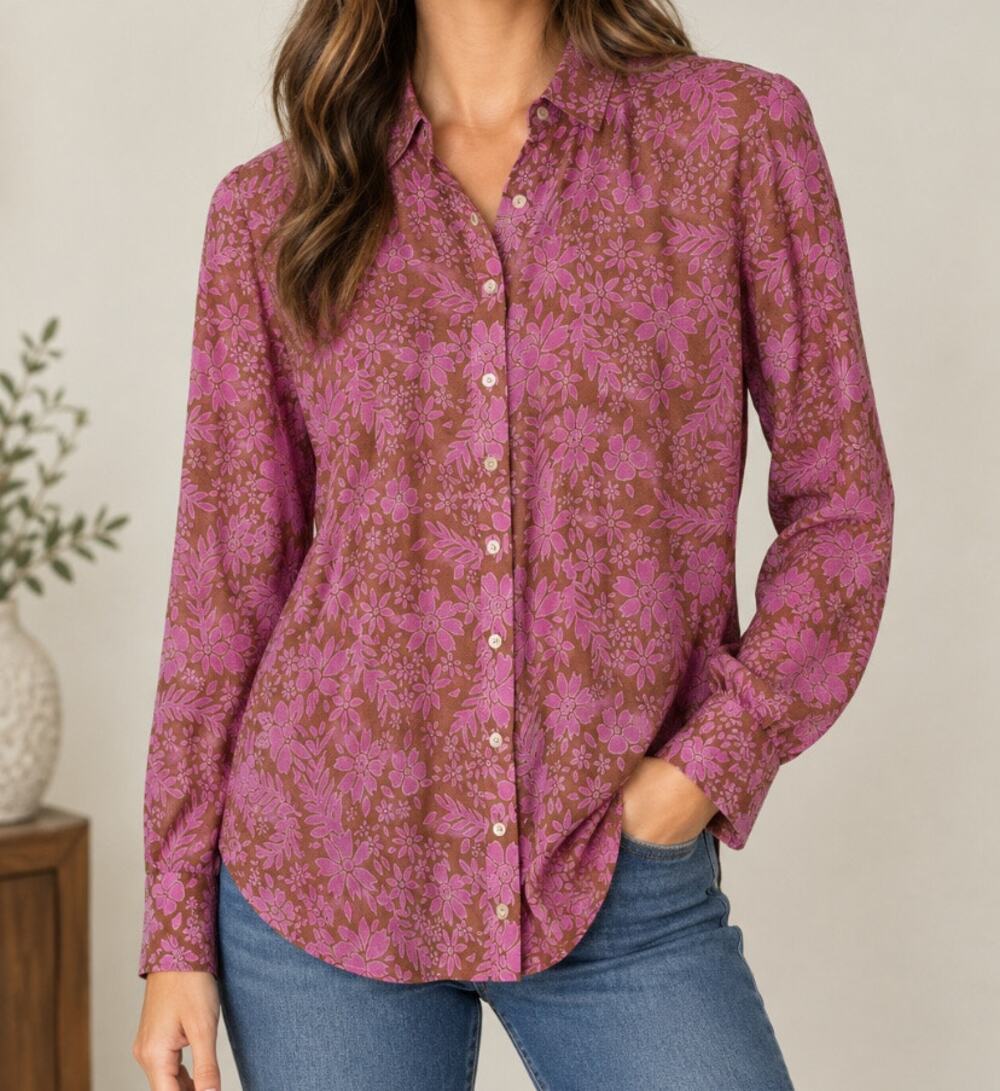 Womens Xirena BEAU Silk/Cotton Shirt Brown & Pink Size XS EUC!